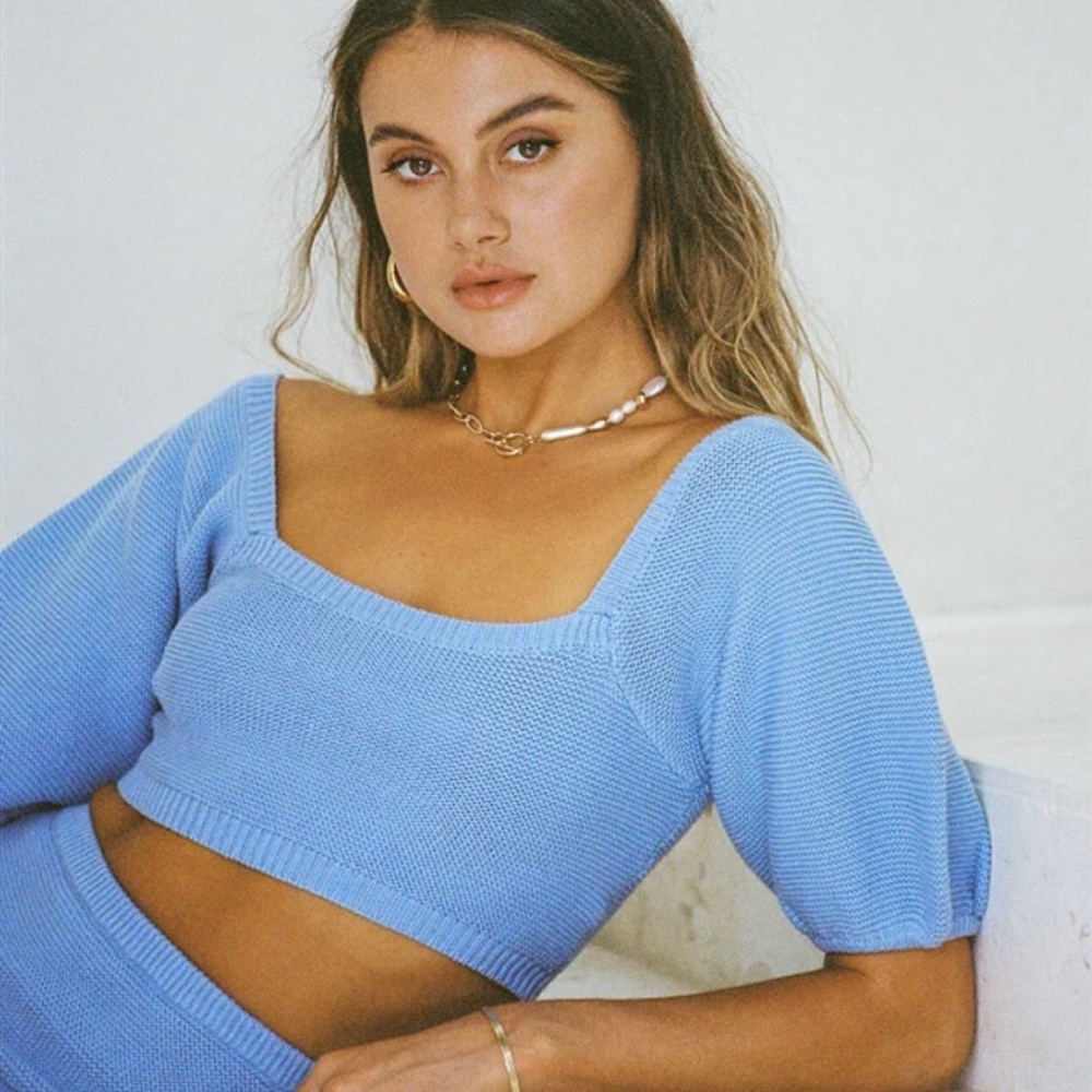 NWOT Sabo Knit Crop Top with Puff Sleeves and Square Neckline